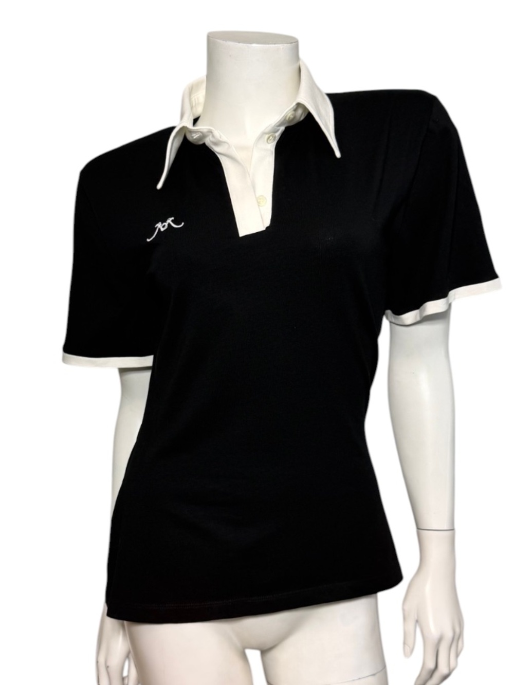 ROWEN ROSE Black White Jersey Shoulder Pad Polo Top Size 40 US 4